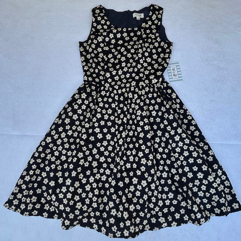Tulip B Navy Floral Fit Flare Dress Small Cotton Sleeveless Skater